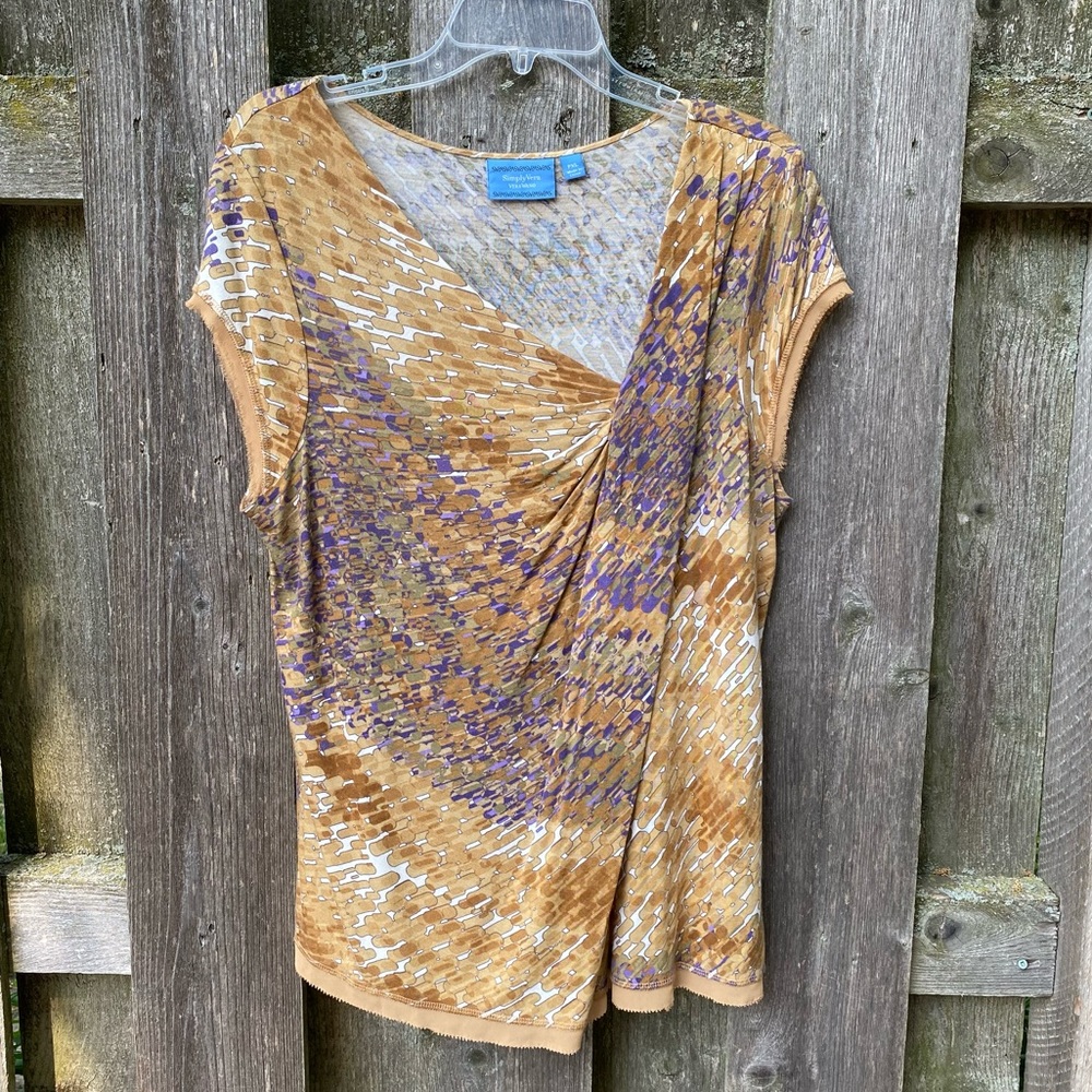 Purple and brown printed top with asymmetric neckline